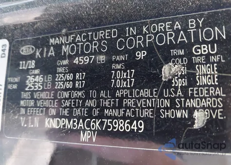 2019 Kia Sportage Lx из США, поврежденный, VIN KNDPM3AC6K7598649